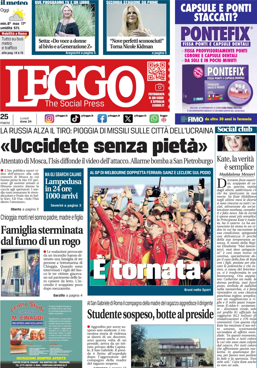 anteprima della prima pagina di leggo-roma del 25/03/2024