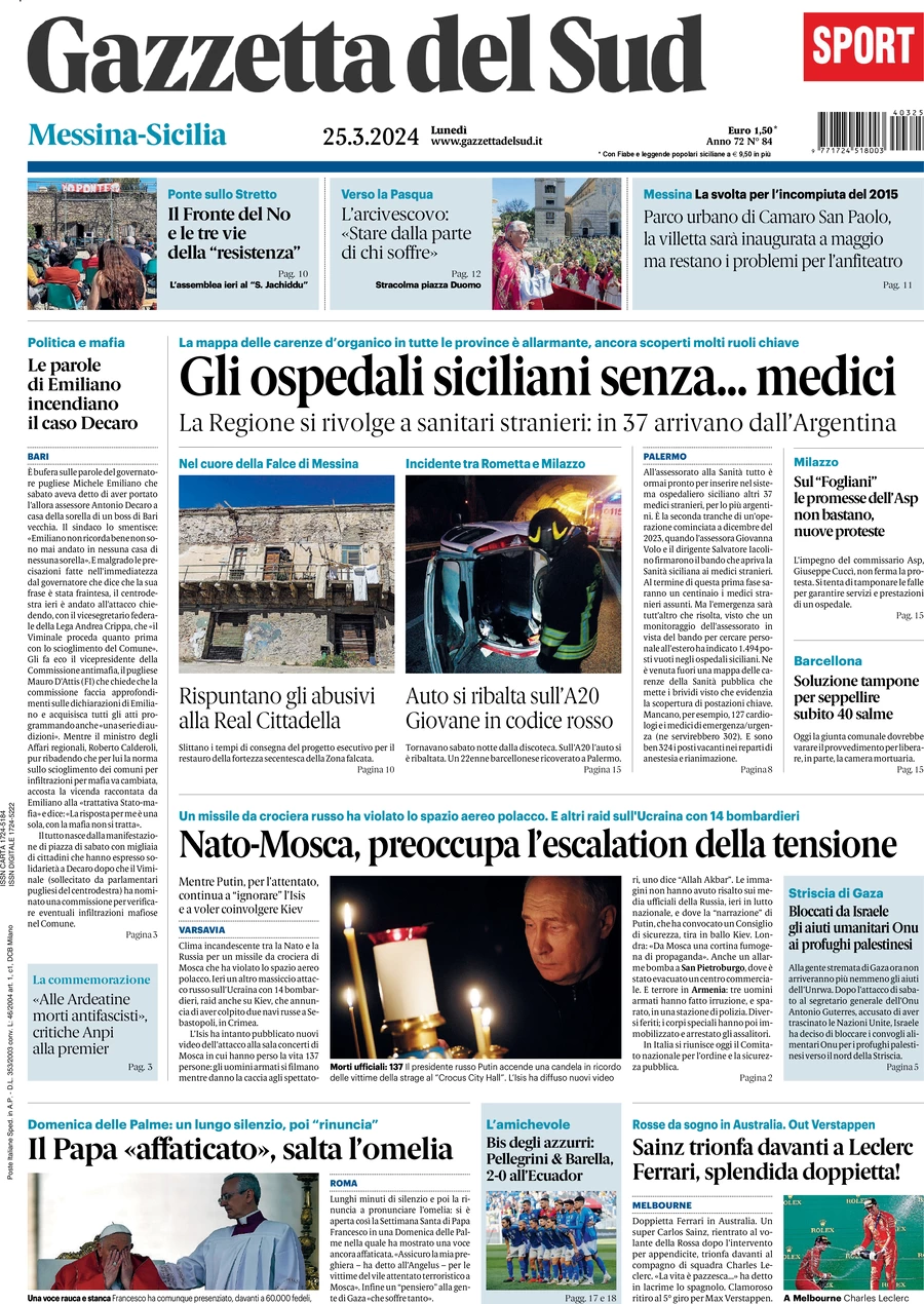 prima pagina - Gazzetta del Sud (Messina) del 25/03/2024