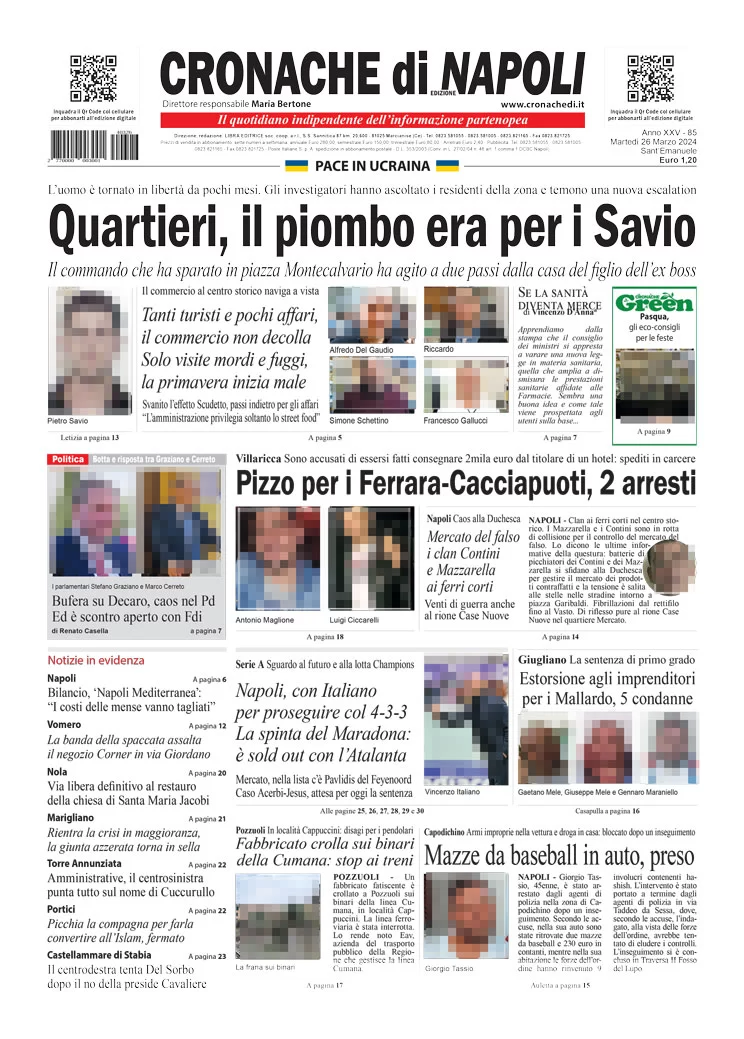 anteprima della prima pagina di cronache-di-napoli del 26/03/2024