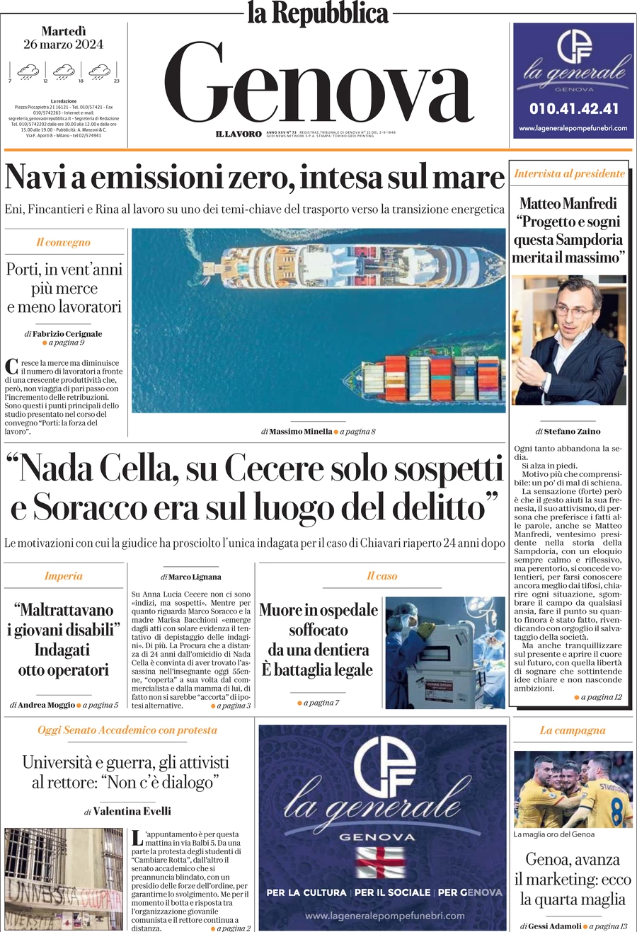 prima pagina - La Repubblica (Genova) del 26/03/2024