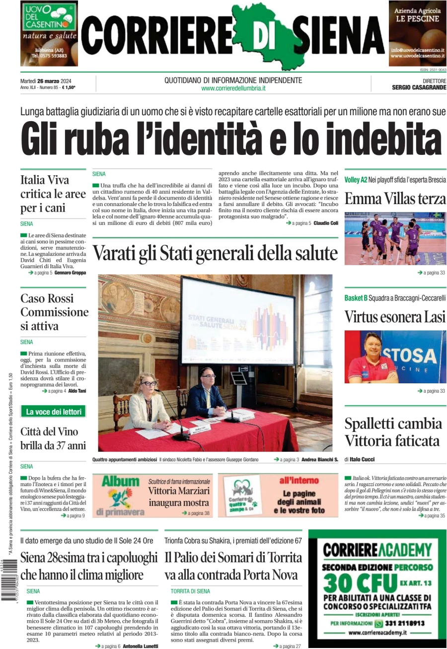 prima pagina - Corriere di Siena del 26/03/2024