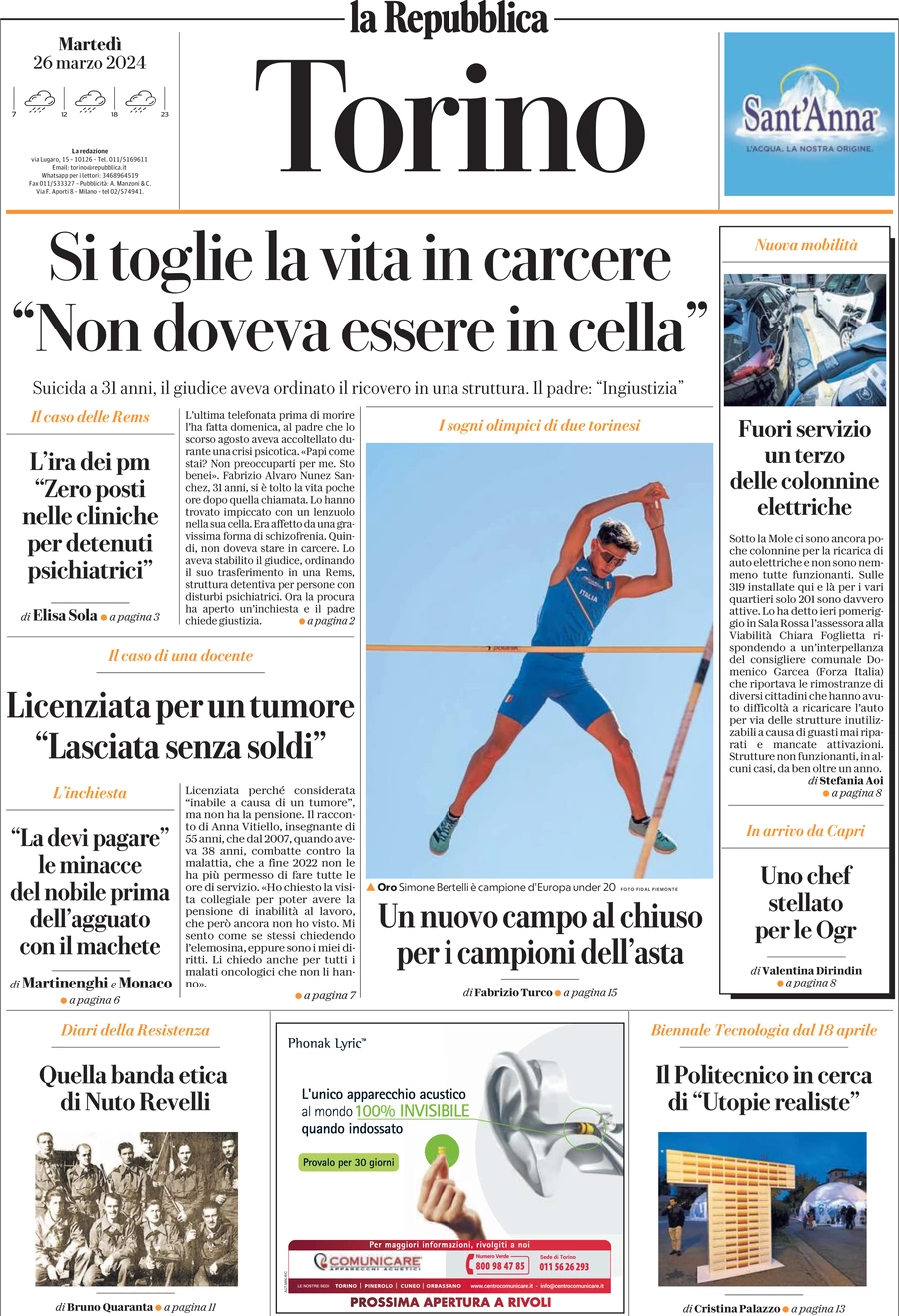 prima pagina - La Repubblica (Torino) del 26/03/2024