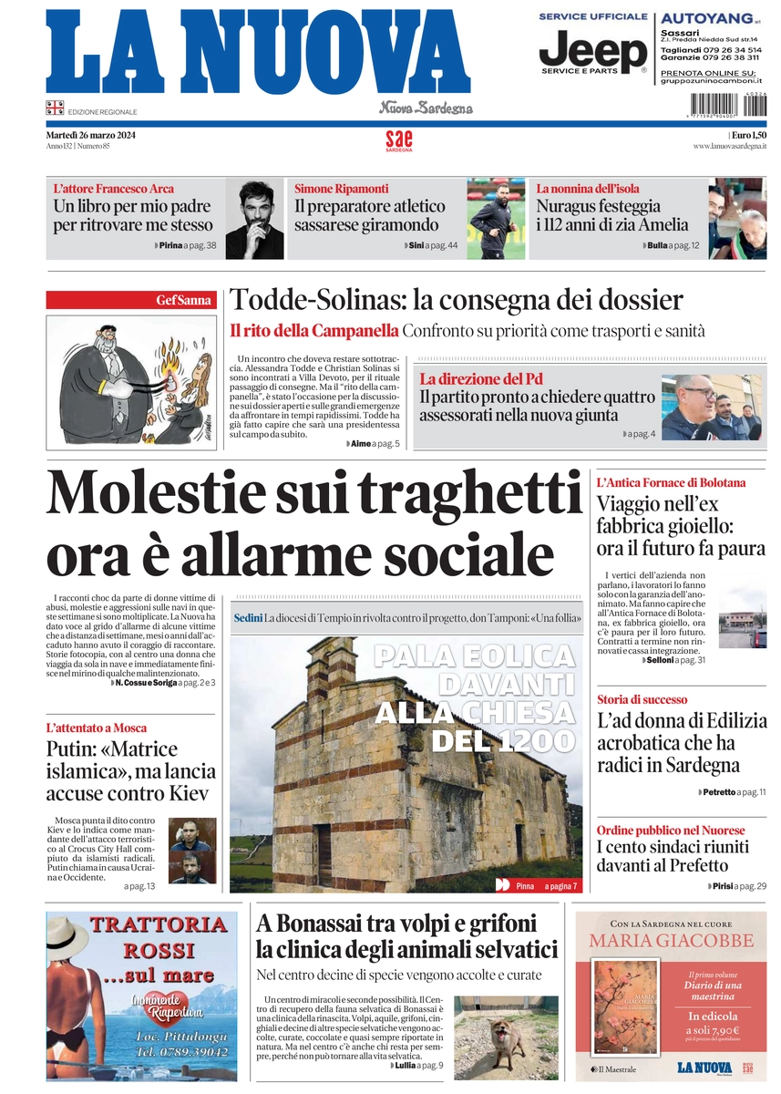 prima pagina - La Nuova Sardegna del 26/03/2024