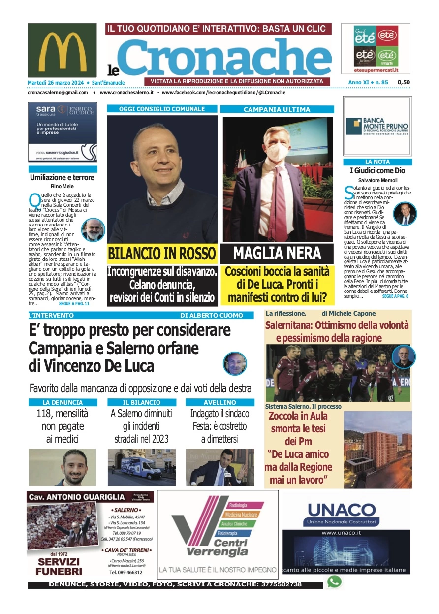 prima pagina - Le Cronache (Salerno) del 26/03/2024