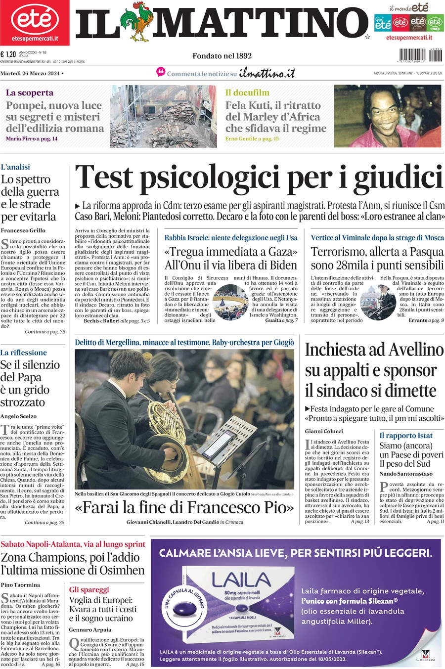 anteprima della prima pagina di il-mattino del 26/03/2024