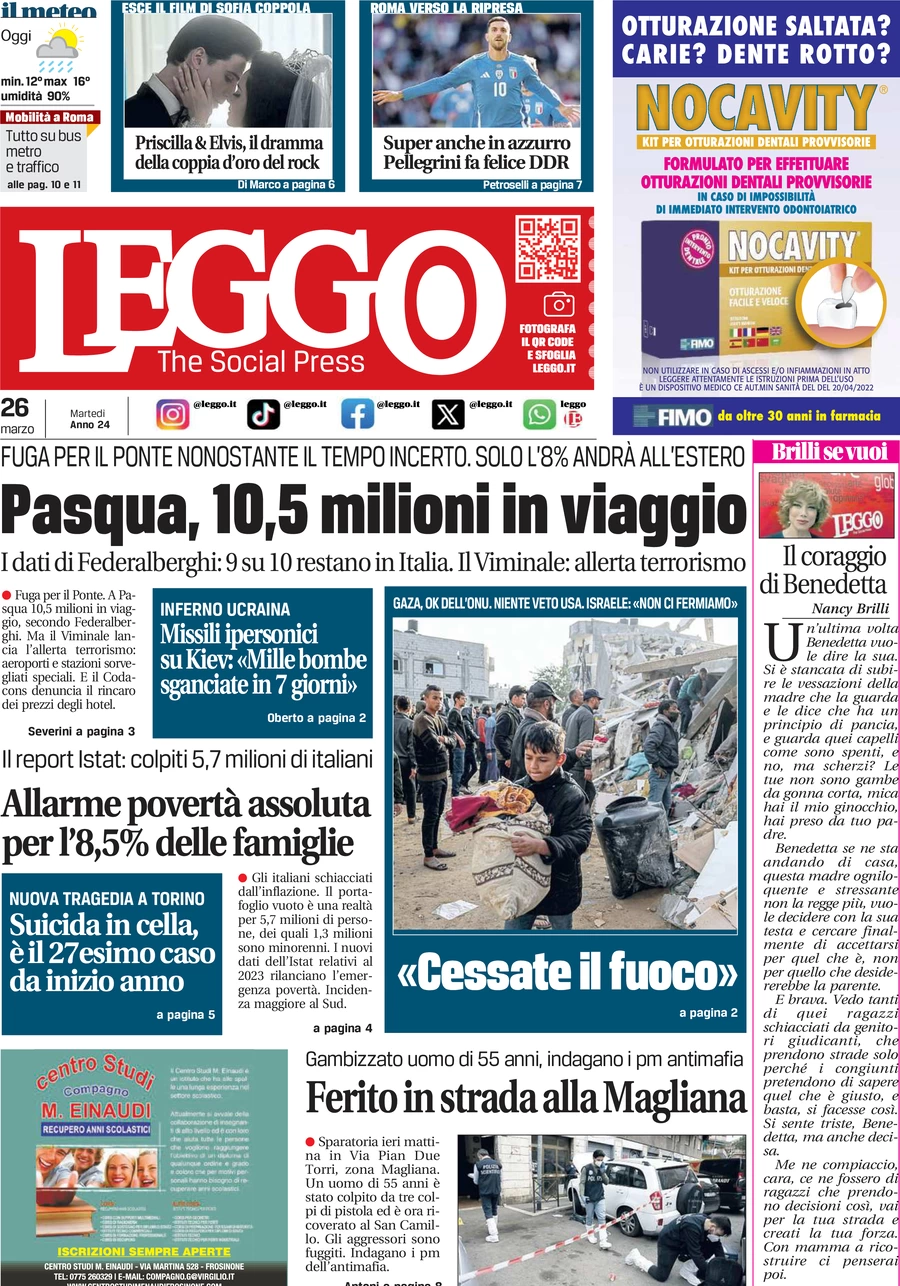 anteprima della prima pagina di leggo-roma del 26/03/2024