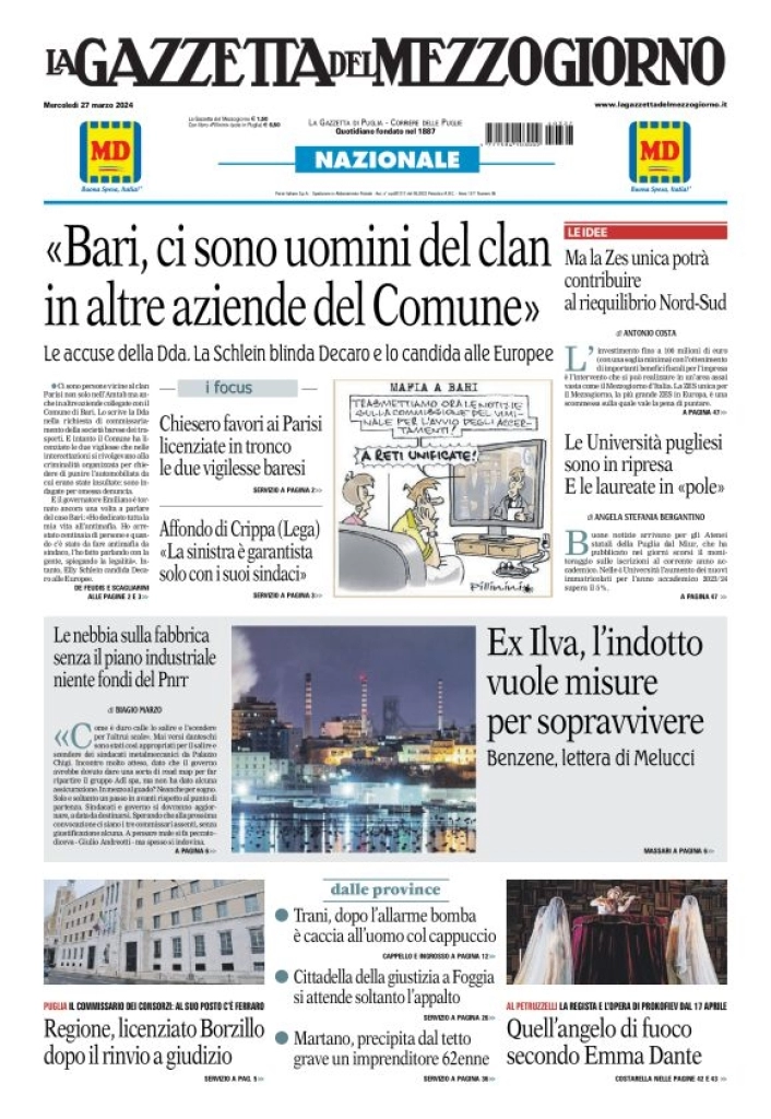 prima pagina - La Gazzetta del Mezzogiorno (Bari) del 27/03/2024