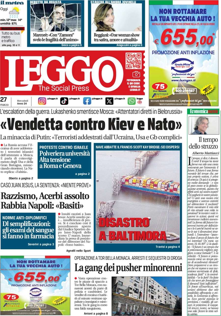 anteprima della prima pagina di leggo-roma del 27/03/2024