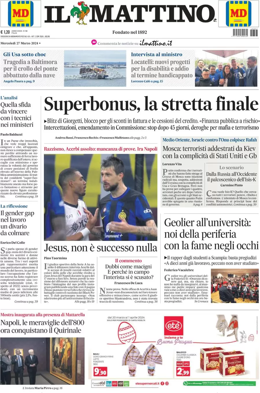 anteprima della prima pagina di il-mattino del 27/03/2024