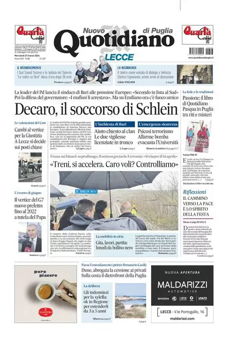 prima pagina - Nuovo Quotidiano di Puglia (Lecce) del 27/03/2024
