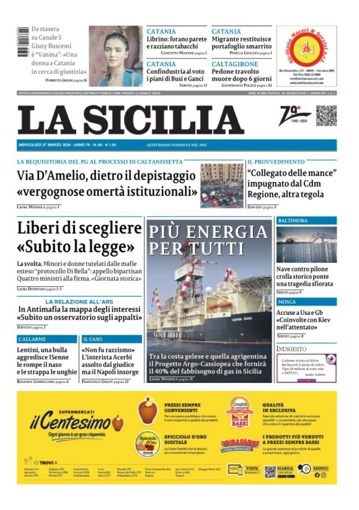 prima pagina - La Sicilia del 27/03/2024