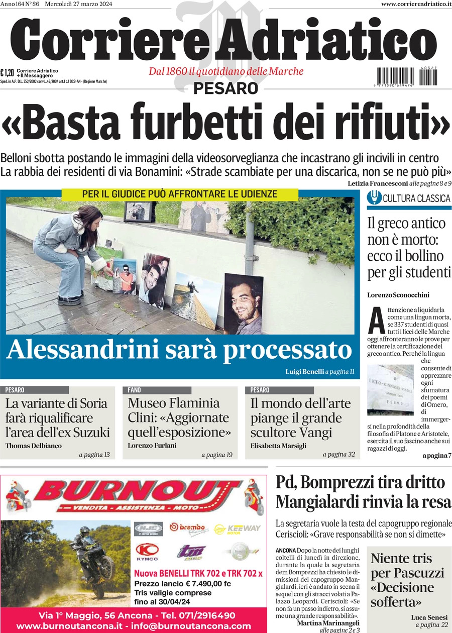 prima pagina - Corriere Adriatico (Pesaro) del 27/03/2024