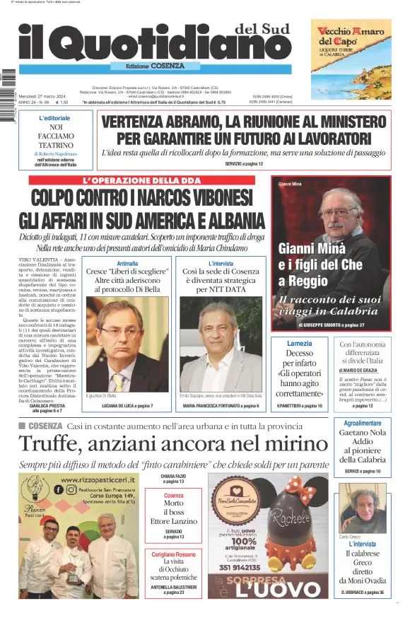 prima pagina - Il Quotidiano del Sud (Cosenza) del 27/03/2024