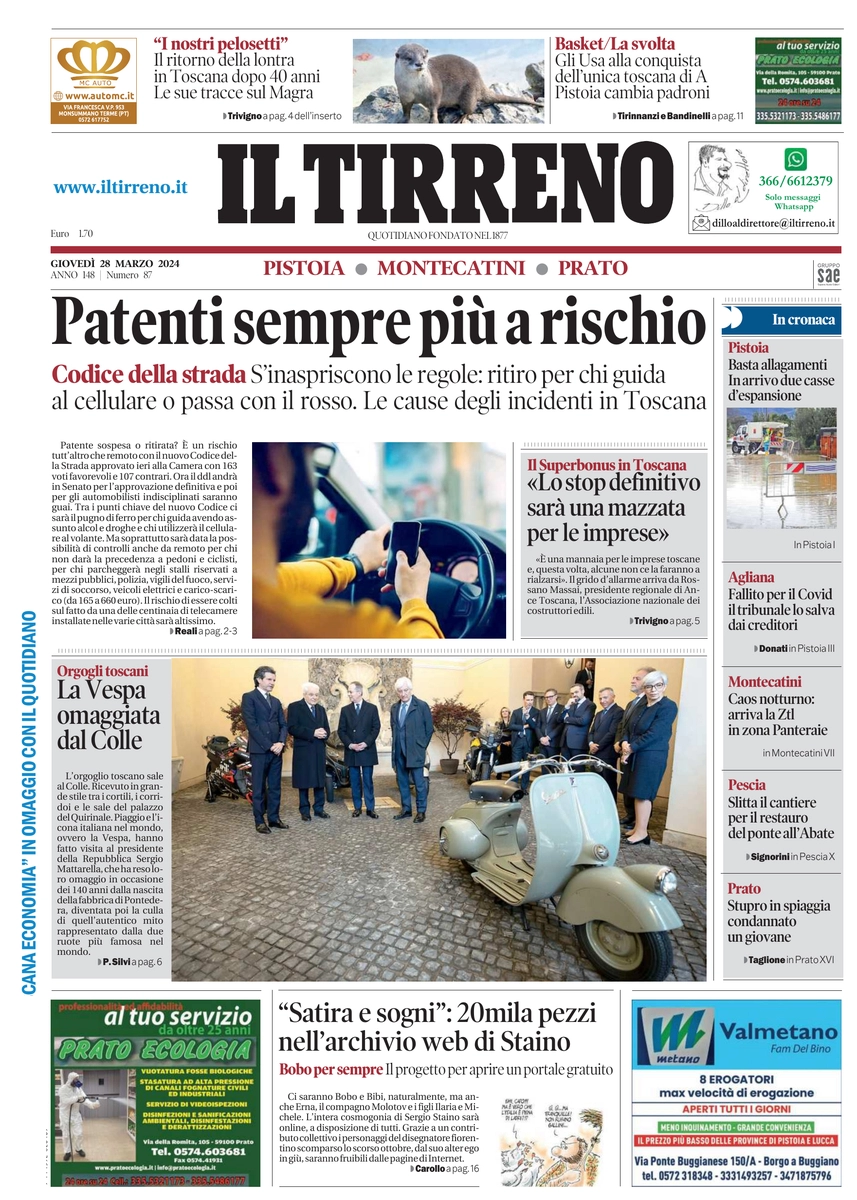 prima pagina - Il Tirreno (Pistoia, Montecatini, Prato) del 28/03/2024