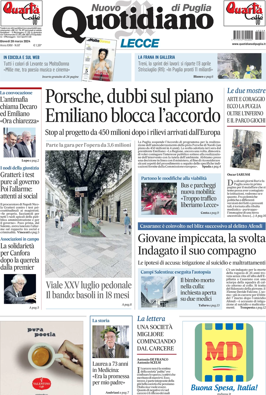 prima pagina - Nuovo Quotidiano di Puglia (Lecce) del 28/03/2024