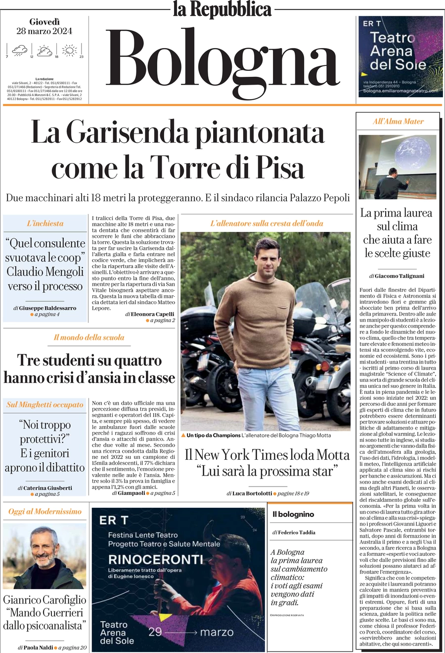 prima pagina - La Repubblica (Bologna) del 28/03/2024