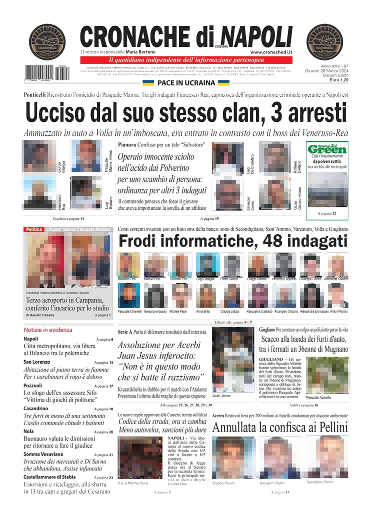 anteprima della prima pagina di cronache-di-napoli del 28/03/2024