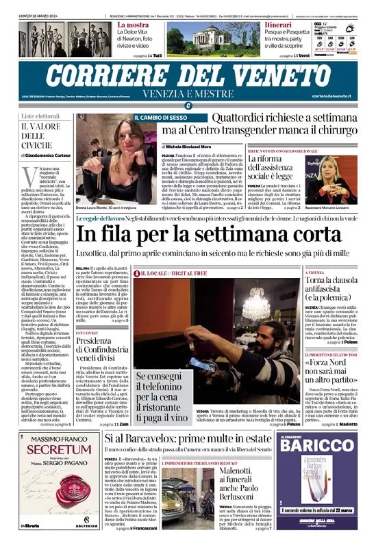 prima pagina - Corriere del Veneto del 28/03/2024