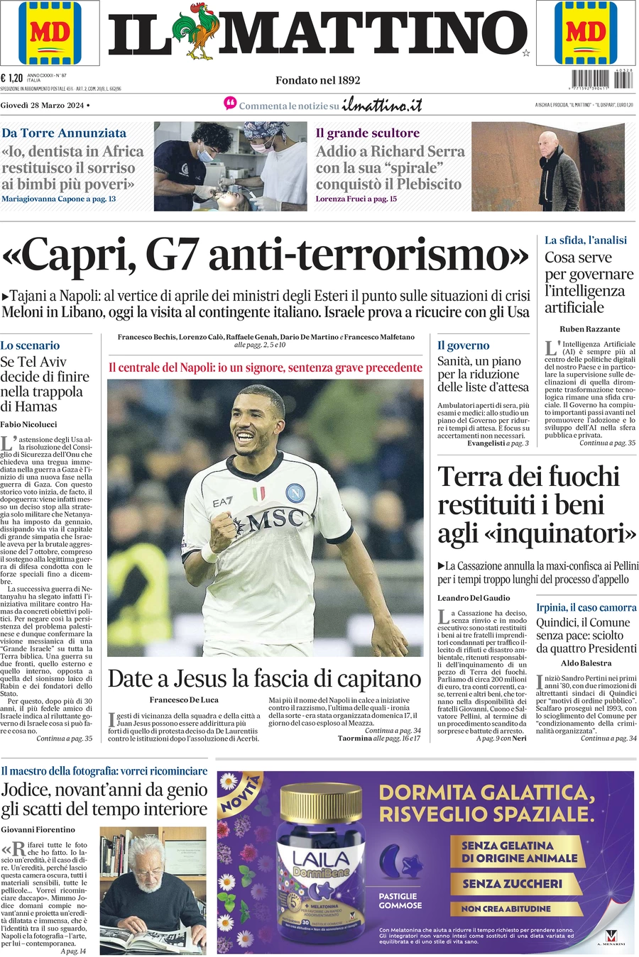 anteprima della prima pagina di il-mattino del 28/03/2024