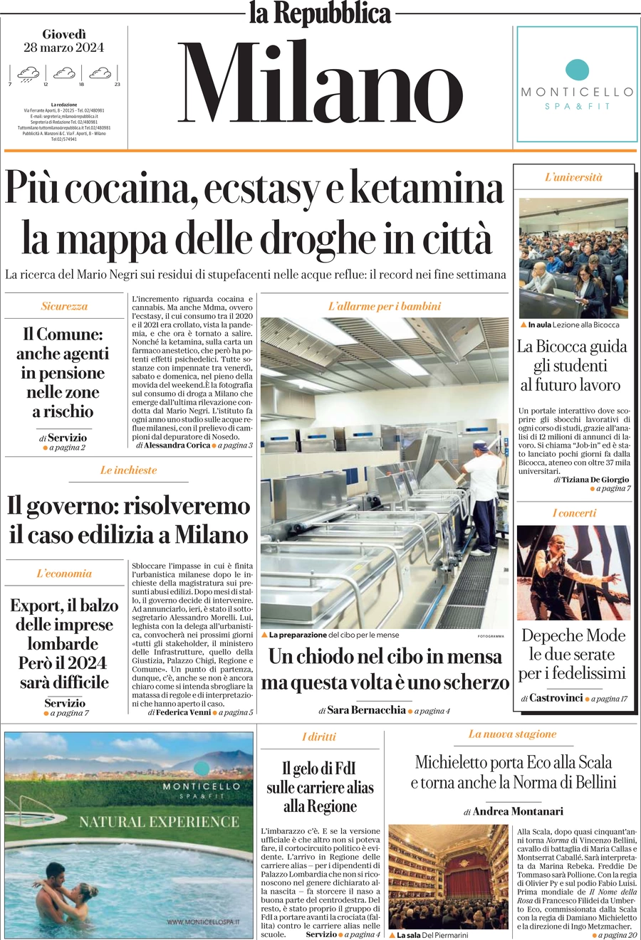 prima pagina - La Repubblica (Milano) del 28/03/2024