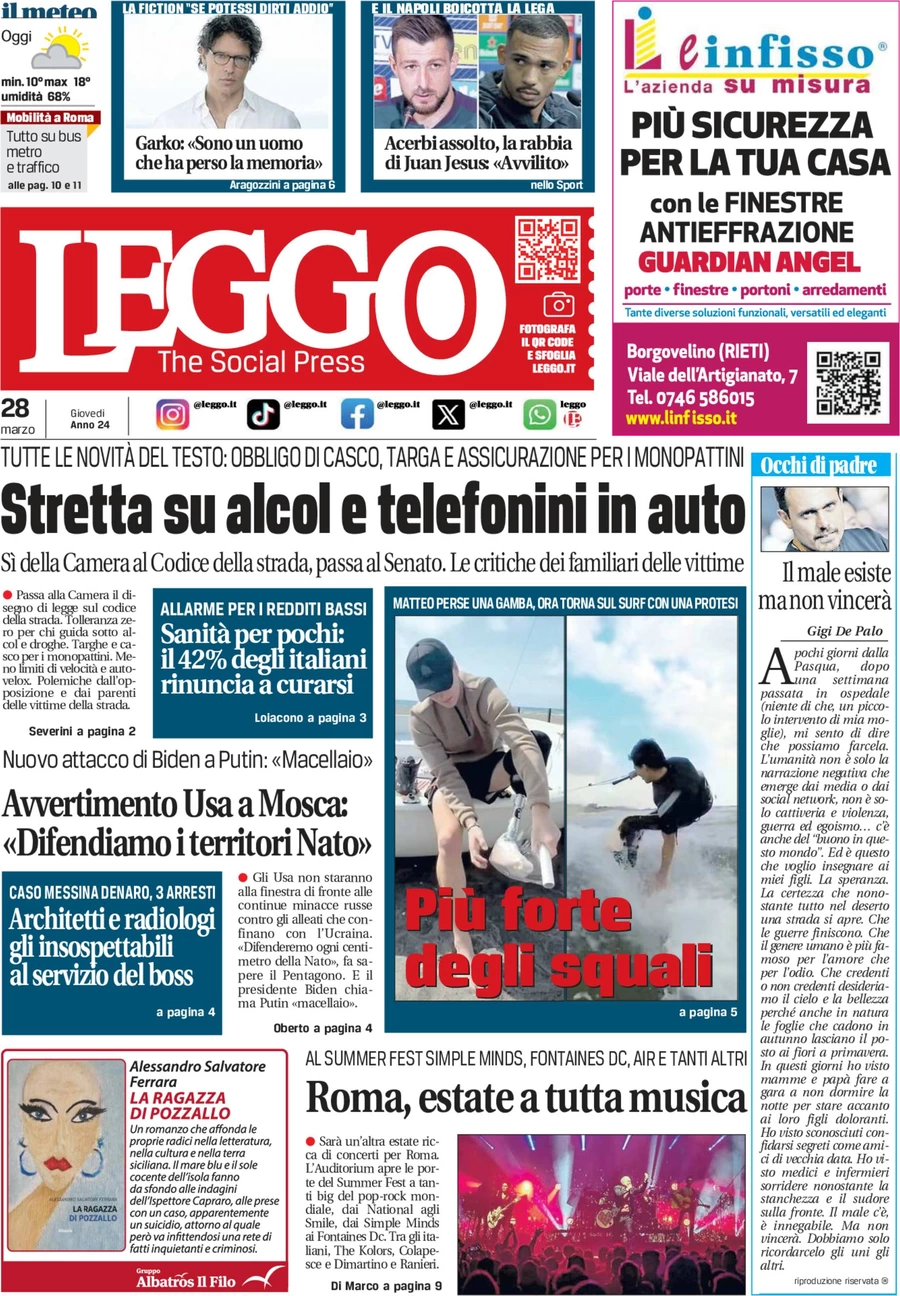 anteprima della prima pagina di leggo-roma del 28/03/2024