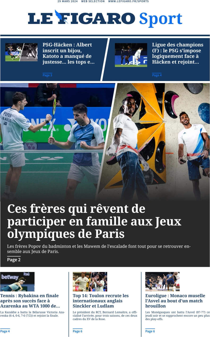 prima pagina - Le Figaro SPORT del 29/03/2024