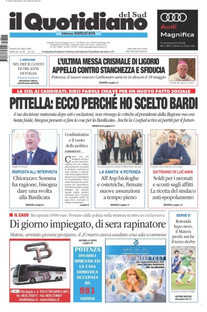 prima pagina - Il Quotidiano del Sud (Basilicata) del 29/03/2024