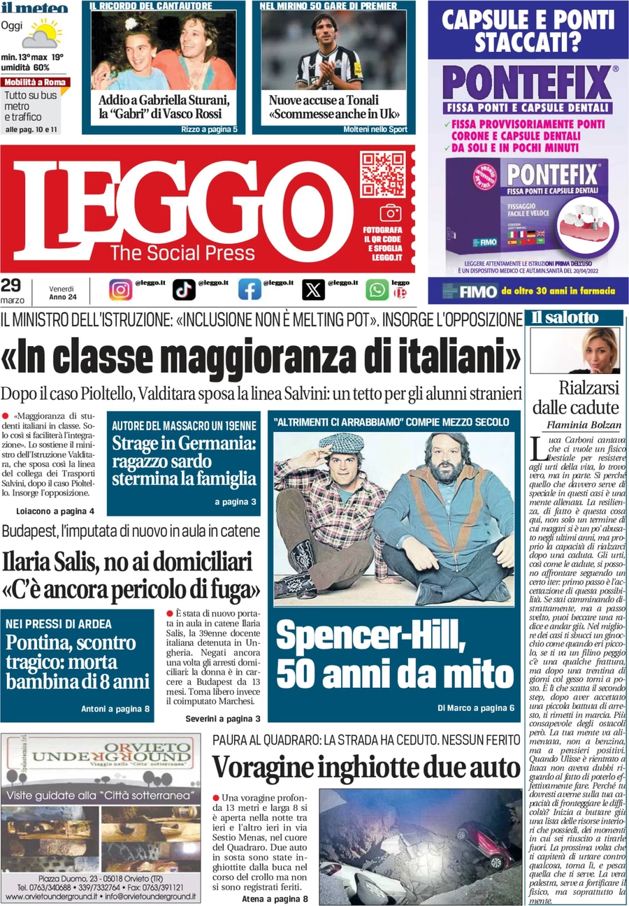 anteprima della prima pagina di leggo-roma del 29/03/2024