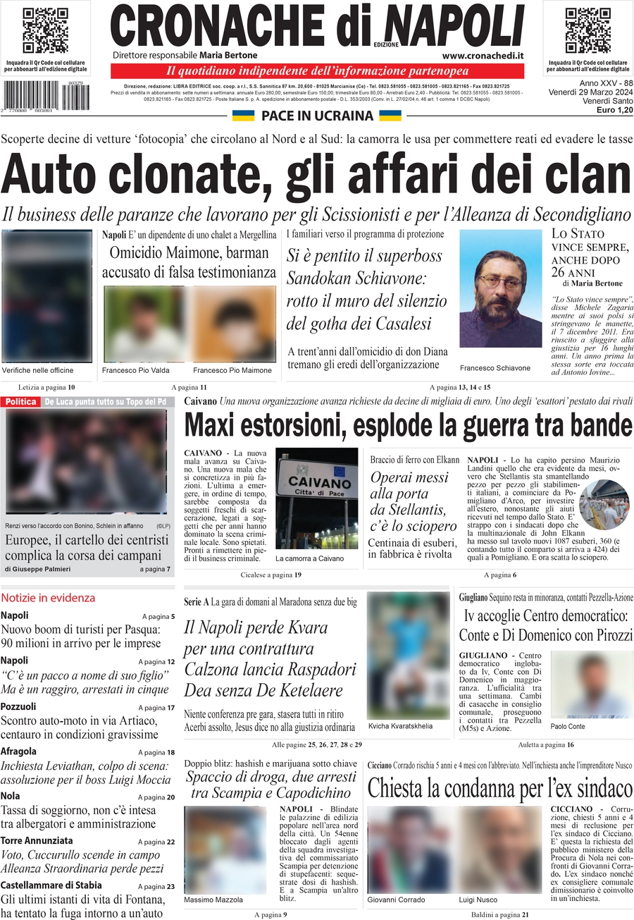 anteprima della prima pagina di cronache-di-napoli del 29/03/2024