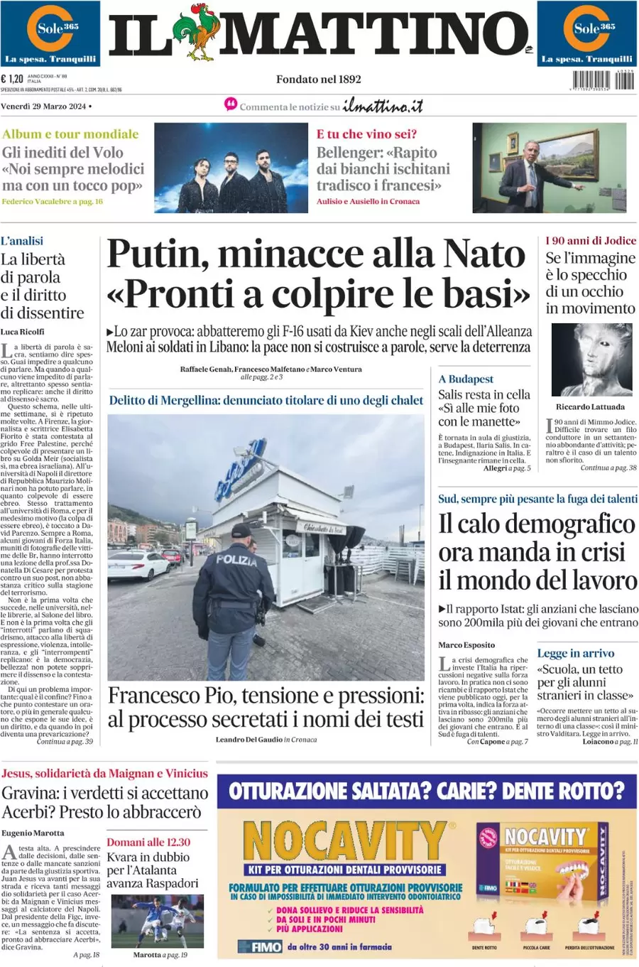 anteprima della prima pagina di il-mattino del 29/03/2024