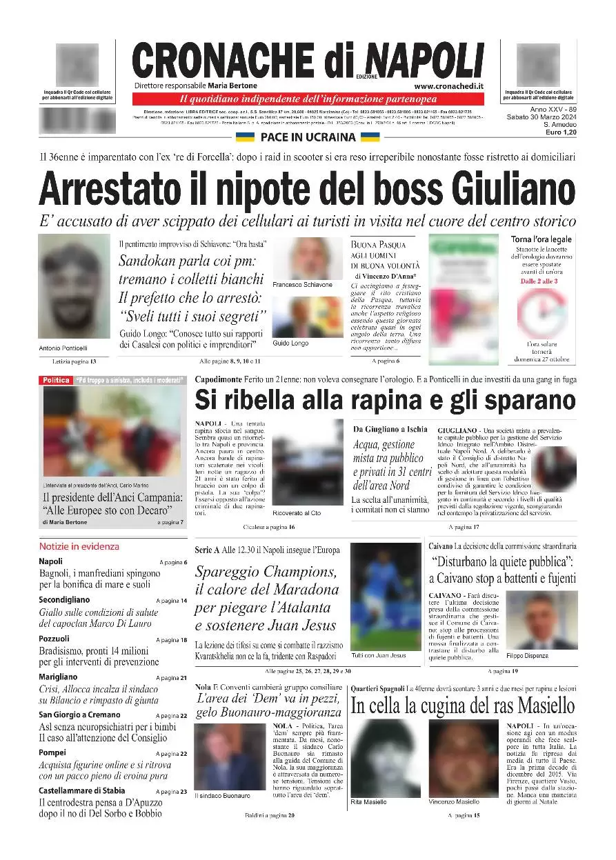 anteprima della prima pagina di cronache-di-napoli del 30/03/2024