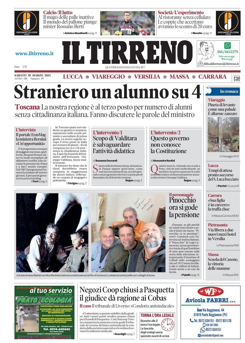 prima pagina - Il Tirreno (Lucca, Viareggio) del 30/03/2024