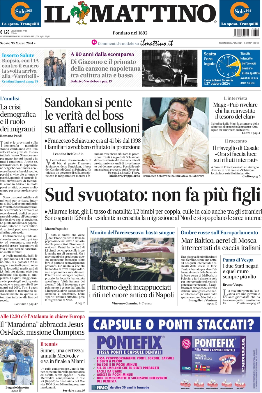 anteprima della prima pagina di il-mattino del 30/03/2024