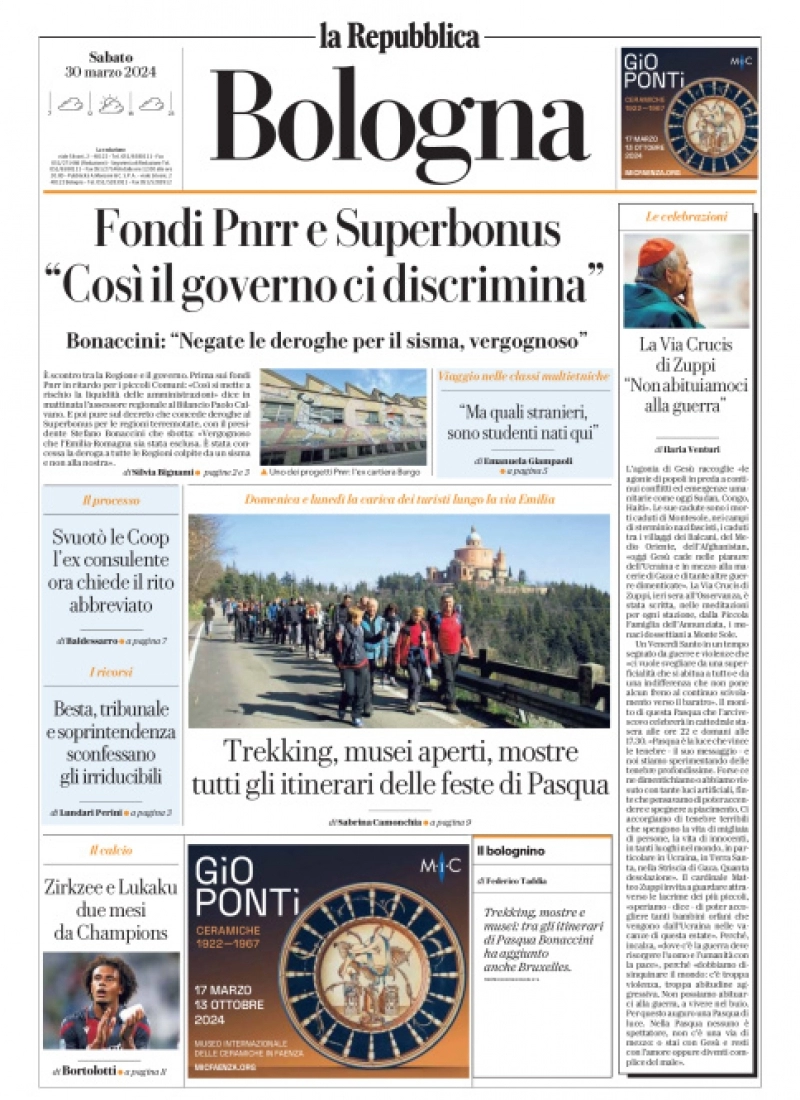 prima pagina - La Repubblica (Bologna) del 30/03/2024