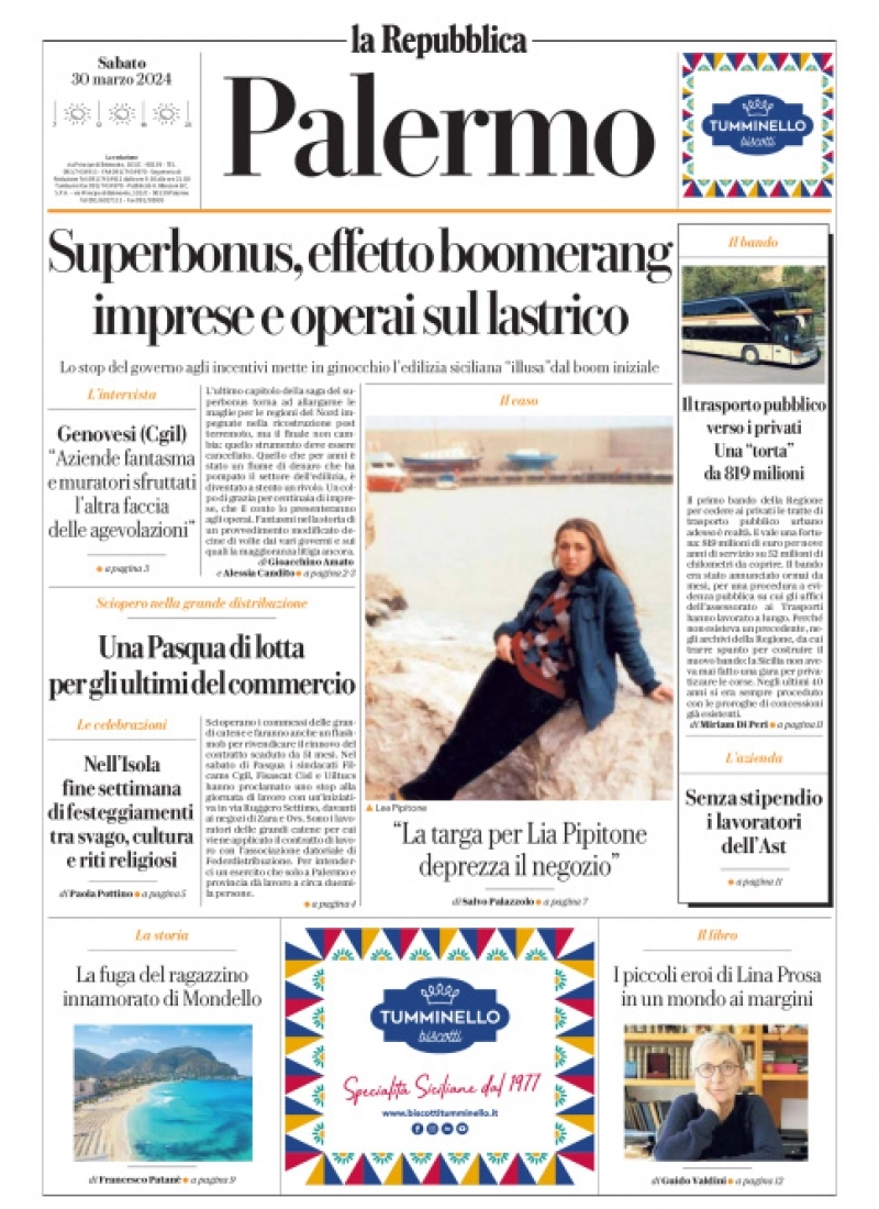 prima pagina - La Repubblica (Palermo) del 30/03/2024