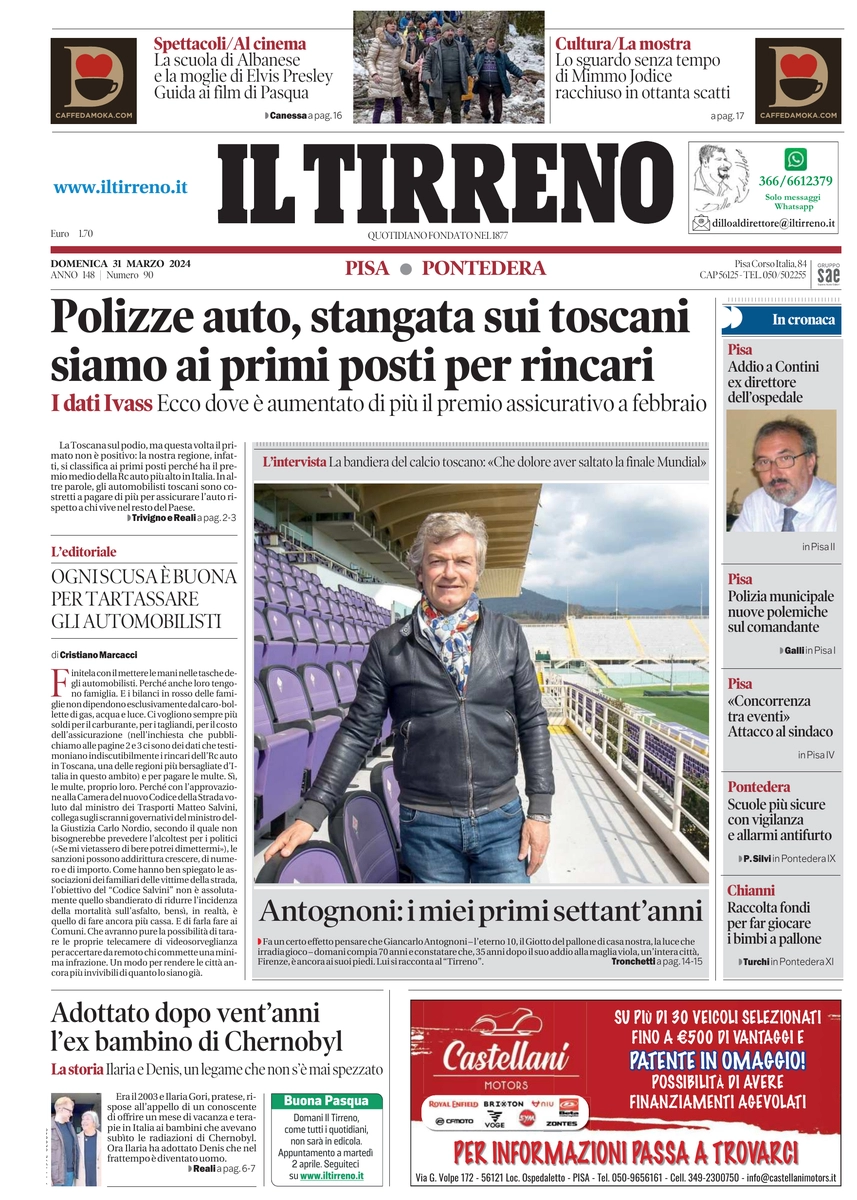 prima pagina - Il Tirreno (Pisa, Pontedera) del 31/03/2024