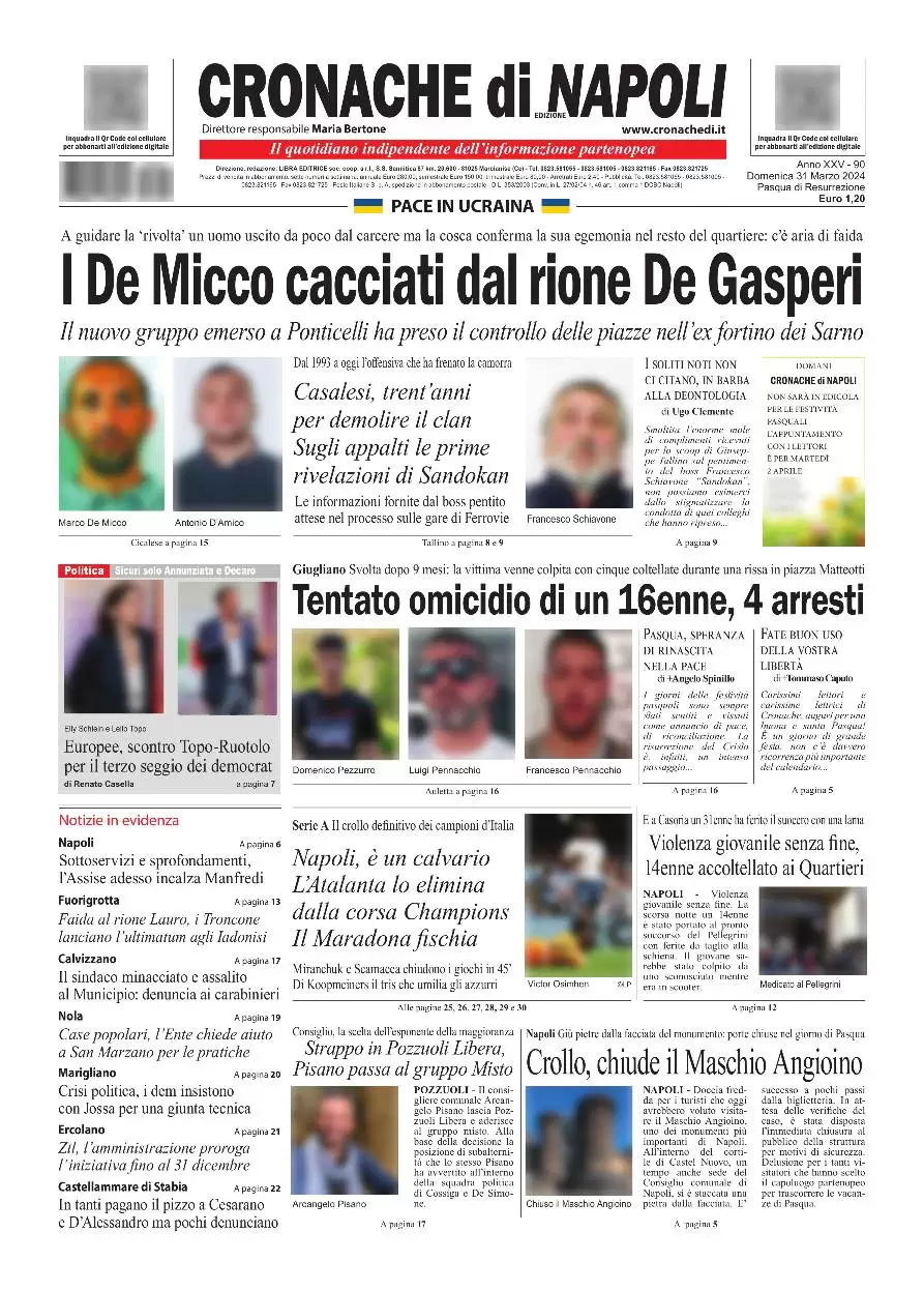 anteprima della prima pagina di cronache-di-napoli del 31/03/2024