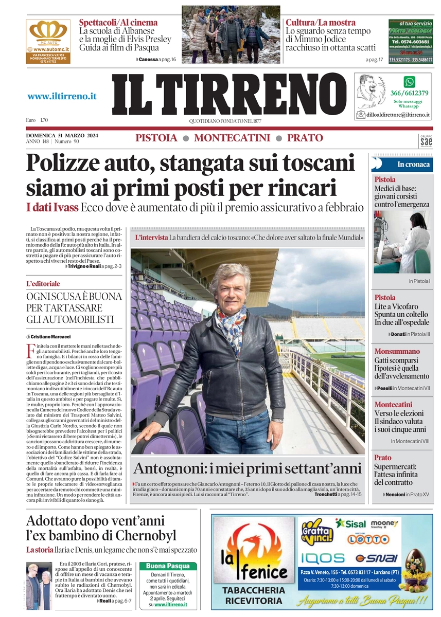 prima pagina - Il Tirreno (Pistoia, Montecatini, Prato) del 31/03/2024