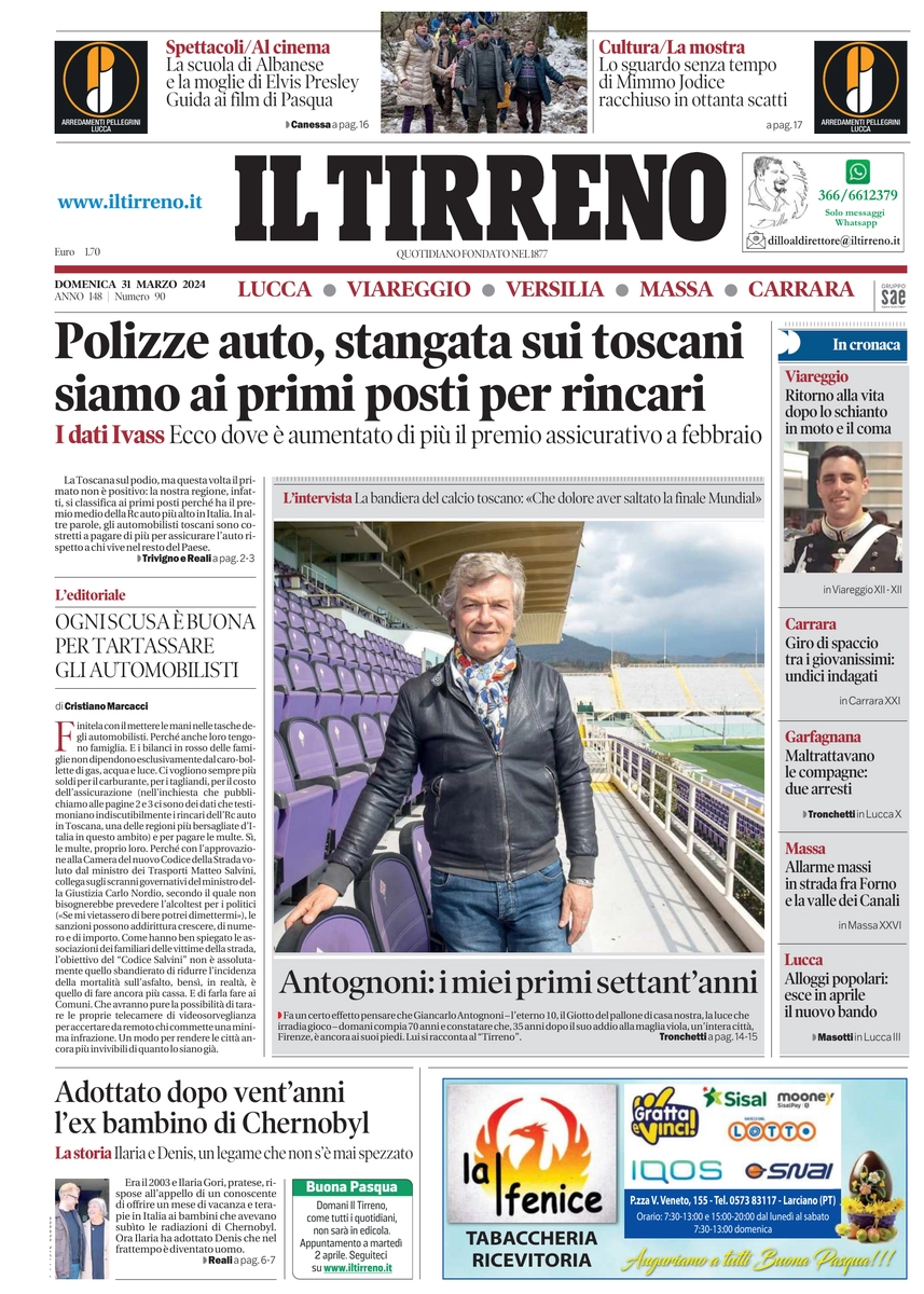 prima pagina - Il Tirreno (Lucca, Viareggio) del 31/03/2024