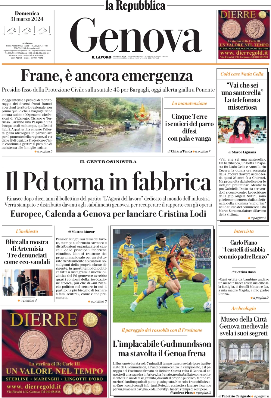 prima pagina - La Repubblica (Genova) del 31/03/2024