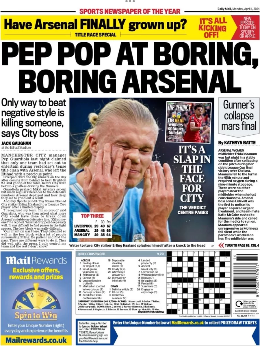 prima pagina - Daily Mail SPORT del 01/04/2024