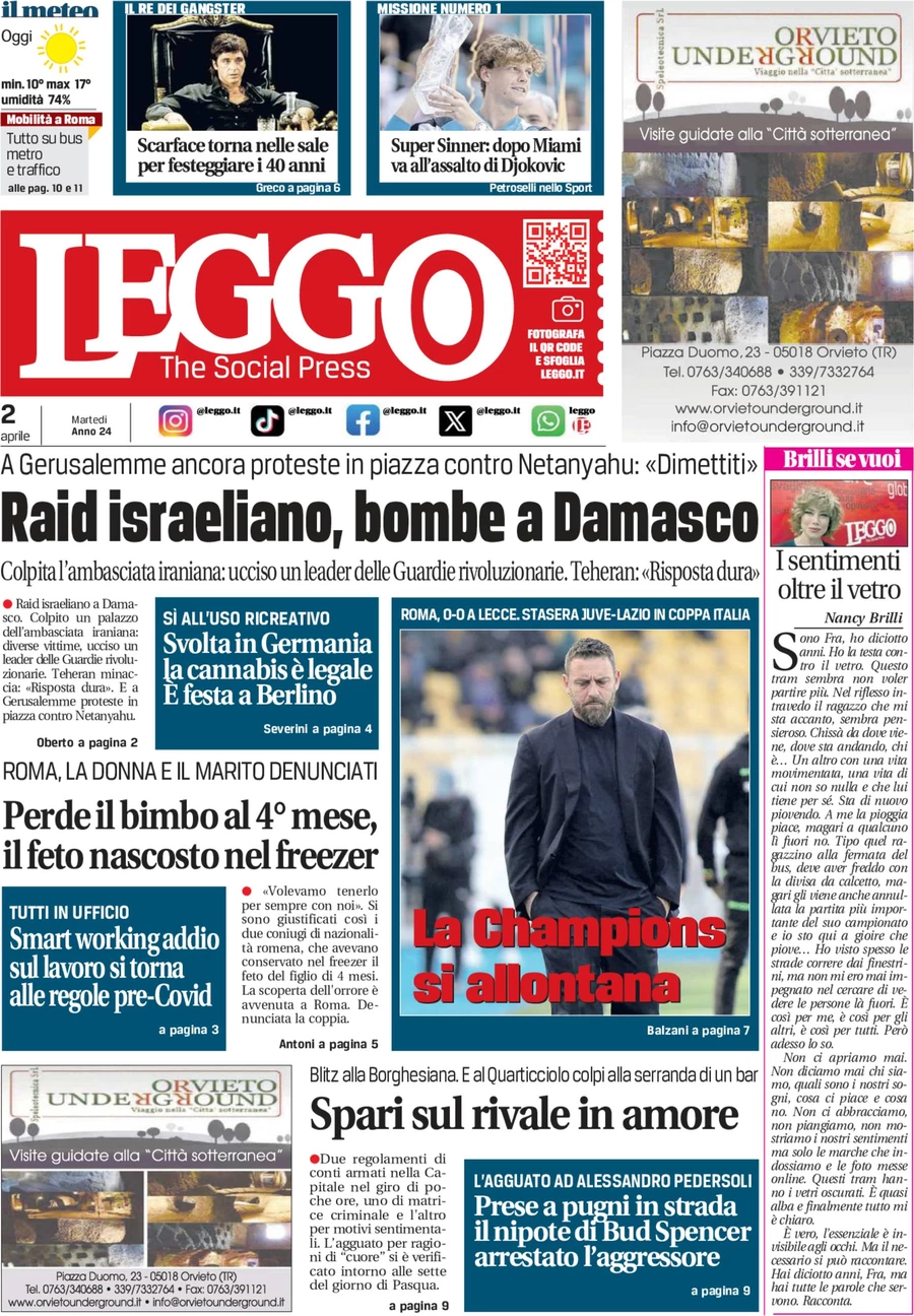 anteprima della prima pagina di leggo-roma del 02/04/2024