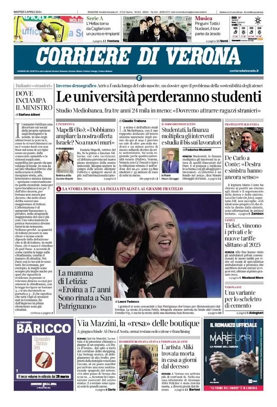 prima pagina - Corriere di Verona del 02/04/2024