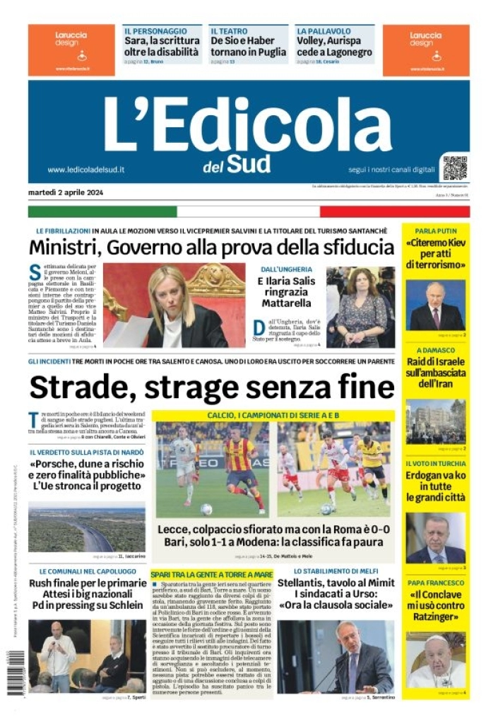 prima pagina - L'Edicola del Sud (Bari, Foggia, Basilicata) del 02/04/2024