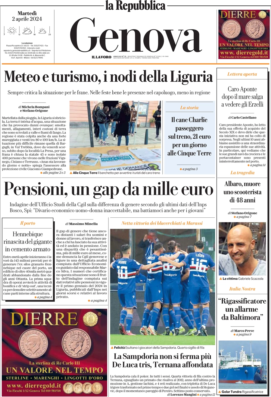 prima pagina - La Repubblica (Genova) del 02/04/2024