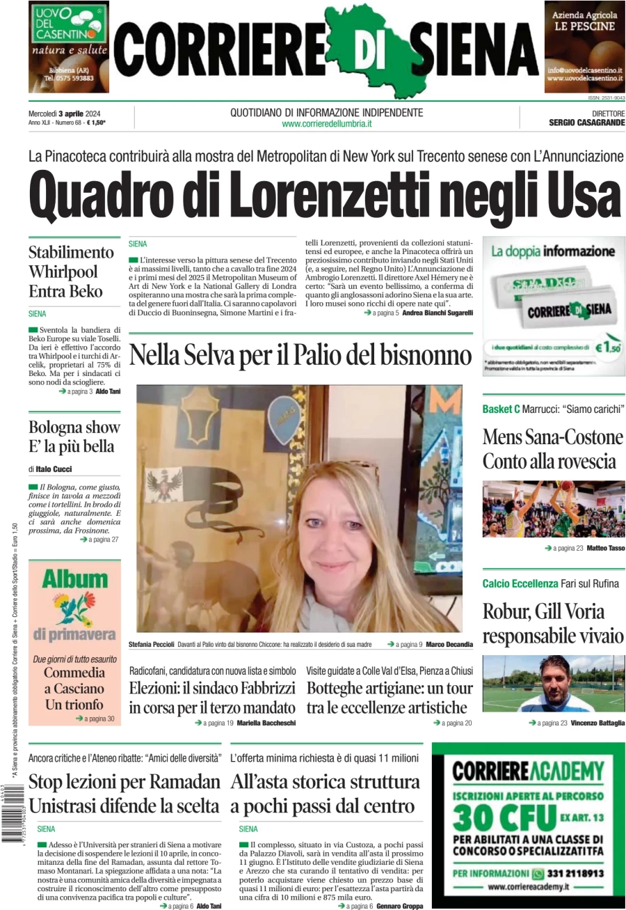prima pagina - Corriere di Siena del 03/04/2024