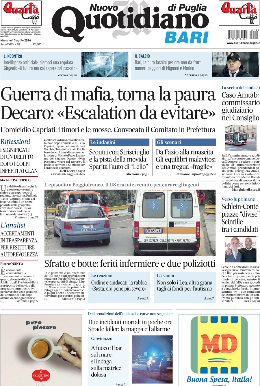prima pagina - Nuovo Quotidiano di Puglia (Bari) del 03/04/2024