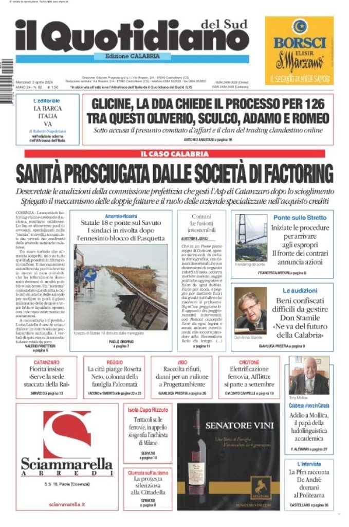 prima pagina - Il Quotidiano del Sud (Catanzaro) del 03/04/2024