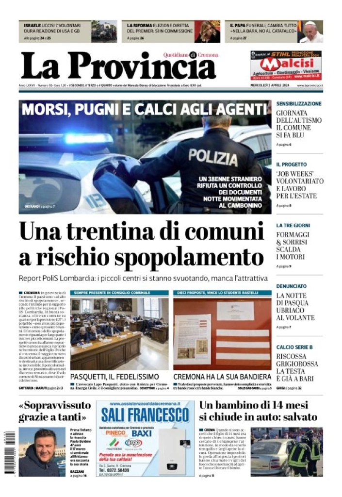 prima pagina - La Provincia di Cremona del 03/04/2024