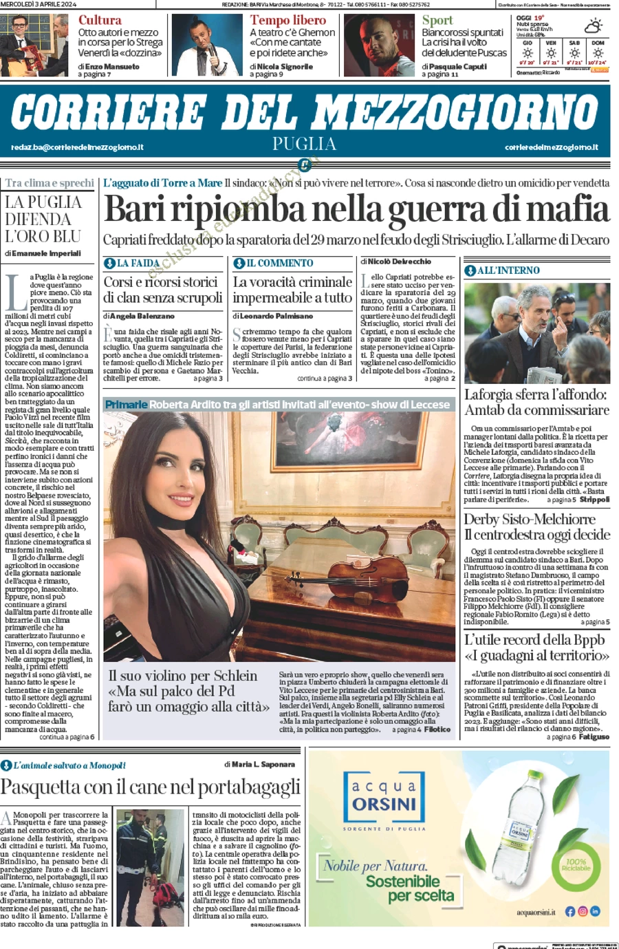 prima pagina - Corriere del Mezzogiorno (Puglia) del 03/04/2024